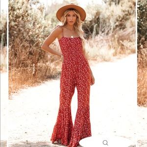 FLORAL SMOCKED FLARED LEG JUMPSUIT